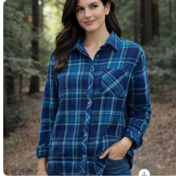 Woolrich Tops - Woolrich Women's XXL Blue Plaid Flannel Shirt 100% Cotton Button Front Outdoor